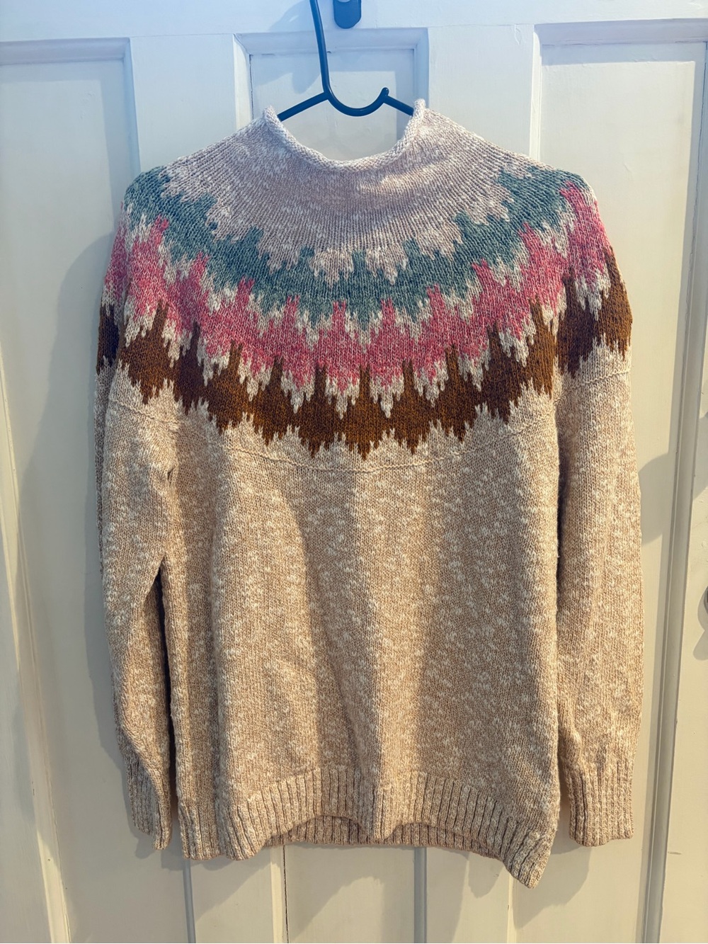 LL Bean Mock Neck Sweater with Pink & Teal Accents